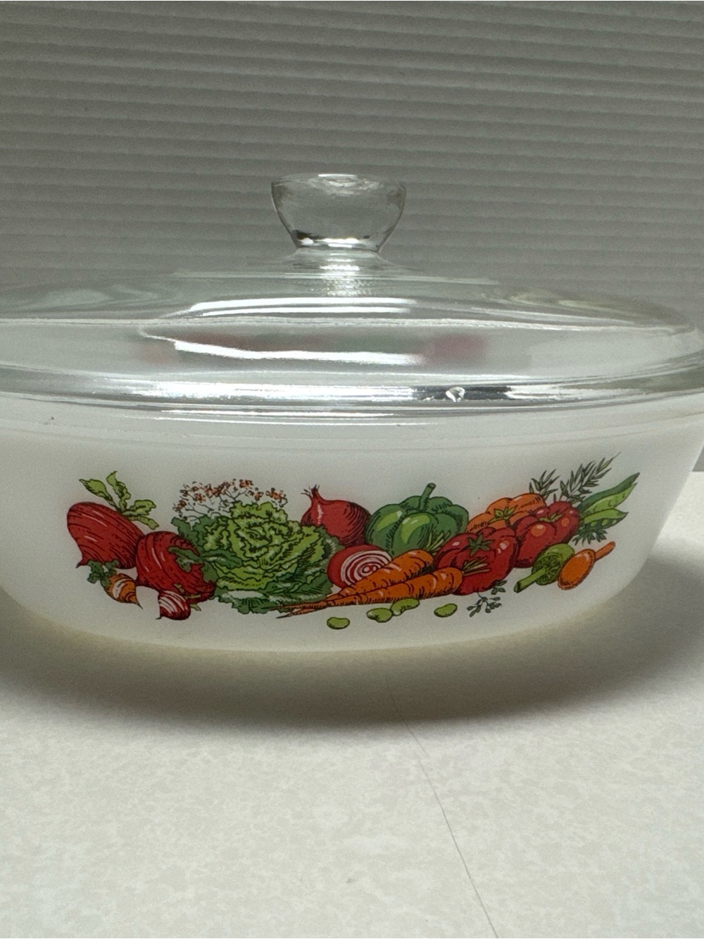 Vintage Glasbake Milk Glass Oval Vegetables Theme 1 qt Casserole Dish W/ Lid